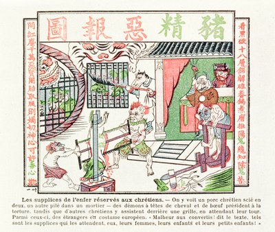 Hristiyan domuz ikiye kesilirken, bir saniye havanda ezilirken, Hristiyanlığa dönenleri bekleyen cezalar, 1891 by Chinese School
