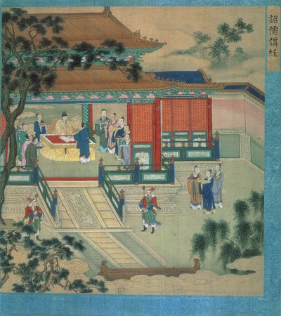 İmparator Hsien Ti (fl.189-220), Çin imparatorlarının tarihinden klasik metinleri çeviren bilim adamlarıyla (ipek üzerine renkli) by Chinese School