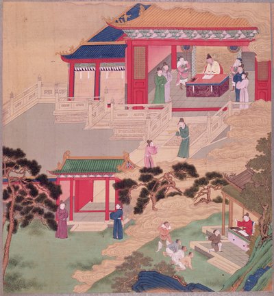 İmparator Tai Tsung (r.762-779), Çin imparatorlarının tarihinden bir tıbbi cilt okuyor (ipek üzerine renkli) by Chinese School