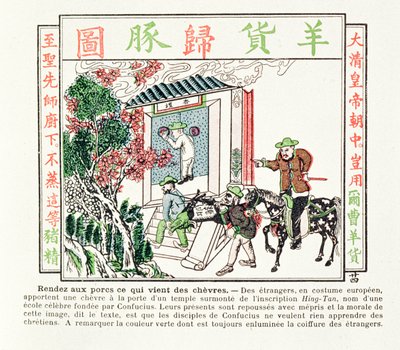 Konfüçyüs tapınağının kapısındaki Avrupalı yabancılar - bir keçi hediyeleri küçümsemeyle reddedildi, 1891 by Chinese School