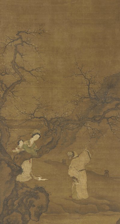 Erkek ve kadın erik çiçeklerinin tadını çıkarıyor, Ming veya Qing hanedanı, 15.-18. yüzyıl by Chinese School