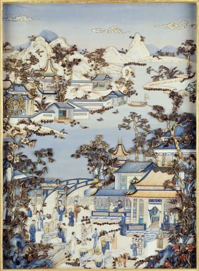 Bir terasta figürleri gösteren paneller, Qianlong dönemi, 1736-95 (çok renkli fildişi) (bir çift) (bkz. 206571, 206573) by Chinese School