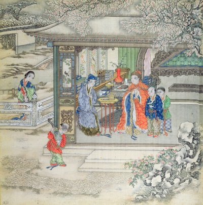 Bir ailenin ziyaretçi kabul ettiği bir bahçe sahnesi (ipek üzerine guaj boya) by Chinese School