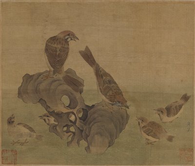 Yavrularını besleyen serçeler, Ming veya Qing Hanedanlığı by Chinese School
