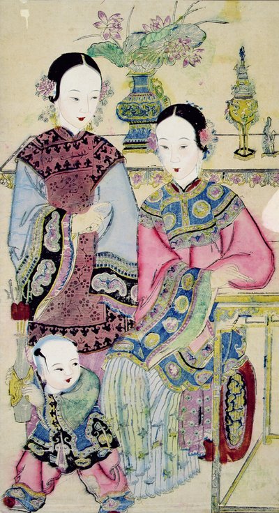 Bir çocuğu olan iki kadın, Yangliuqing (renkli tahta baskı) by Chinese School