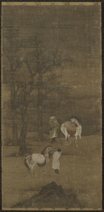 Atlar ve damatlar, Ming veya Qing hanedanı ile kış manzarası by Chinese School