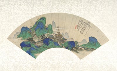 Ölümsüzlerin Sarayları, albüm yaprağı olarak monte edilmiş katlanır yelpaze, 1753 (kağıt üzerine mürekkep, renk ve altın) by Chinese School Chinese School