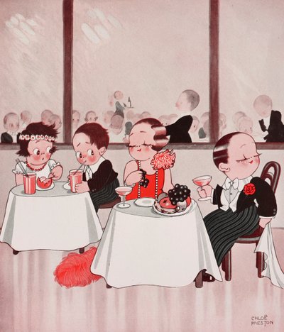 Şehir fareleri ve taşra fareleri, Rafine vatandaşlar rafine olmayan taşralılara karşı, restoran sahnesi, Chloe Preston (1887-1969) çizimi, The Tatler, No 1384, 4 Ocak by Chloe Preston