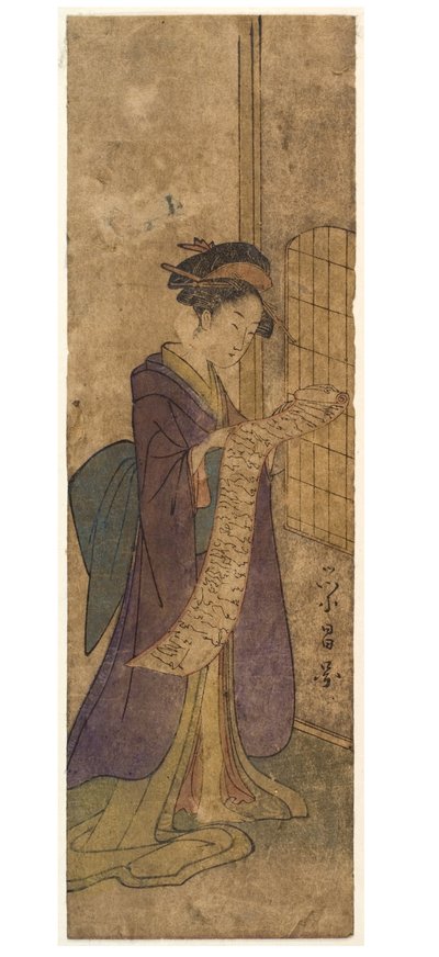 Bayan uzun bir kaydırma mektubu okuyor by Chobunsai Eishi