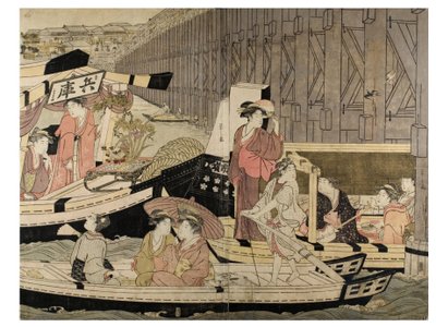 Sumida Nehri sahnesi (bir pentaptikten) by Chobunsai Eishi