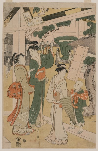 Bir Tapınağın Çevresindeki Çay Tezgahını Ziyaret Eden Kadınlar by Chobunsai Eishi
