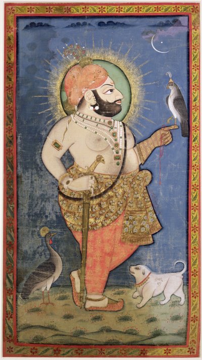 Hawk ile Mewar Maharana Bhim Singh, Udaipur (Mewar) Rajasthan, c.1805 (kumaş üzerine altın ile guaj) by Chokha
