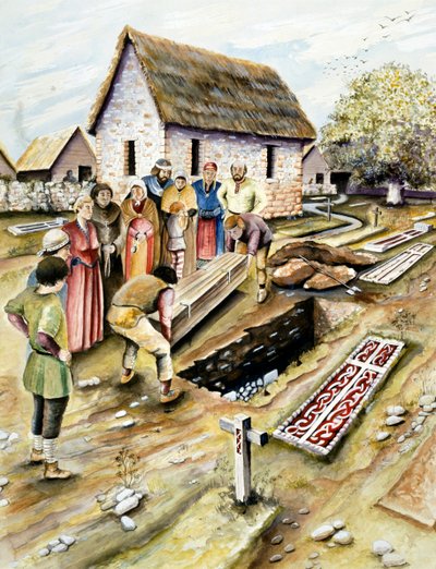 Bir kilise bahçesinde Viking cenazesi, York, Yorkshire, 10. yüzyıl c2000 by Chris Evans