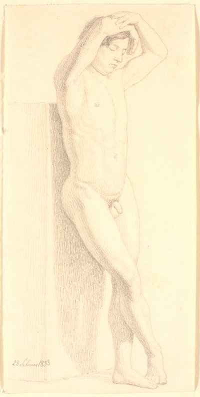 Kolları başının üzerinde toplanmış duran erkek model. Sağa bakan by Christen Købke