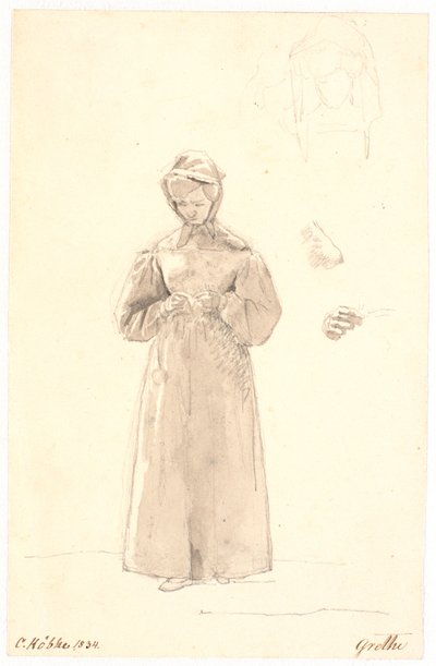 Sanatçının kız kardeşi Cecilie Margrethe, t.h. başının iki taslağı ile boynunun ve omzunun ve sağ elinin krokileri by Christen Købke