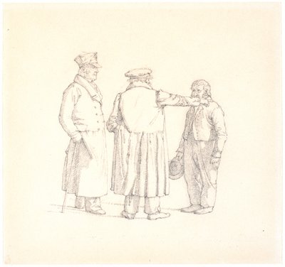 Konuşmada üç kişi; orta fırıncı Købke, t.v. büyük Krohn ve t.h. köle çavuş atasözleri by Christen Købke