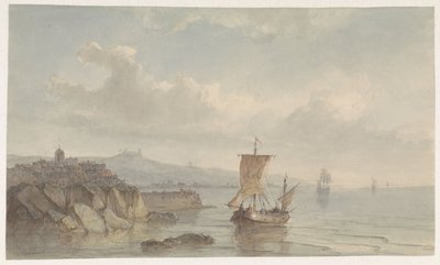 Liman ve su üzerinde gemiler ile kıyı manzara by Christiaan Lodewijk Willem Dreibholtz