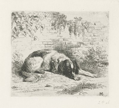 Bir duvarın önünde yatan köpek by Christiaan Wilhelmus Moorrees