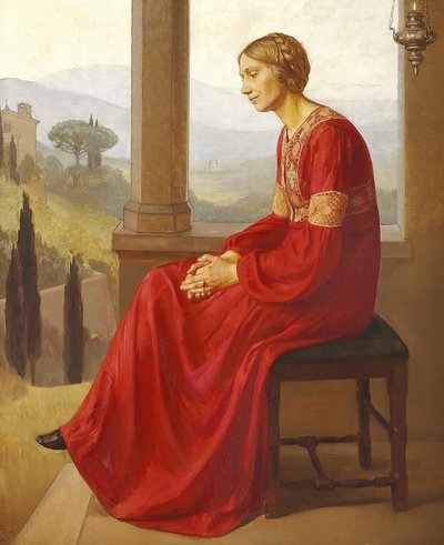 Bir İtalyan manzarasında bir terasta oturan kırmızı elbiseli bir kadın by Christian Bang