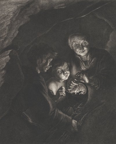 Bir tencerede yanan kömür tutan yaşlı bir kadınla bir mağarada gece sahnesi, bir çocuk üfleme..., ca. 1750-57 by Christian Friedrich Boëtius