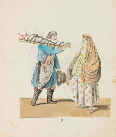 Tahtada domuzlu kasap ve tüccar kadın St. Petersburg..., 1799 dizisinden. by Christian Gottfried Heinrich Geissler