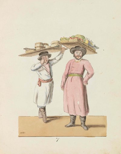 Meyve satıcısı ve peynir ve ringa balığı satan köylü St. Petersburg..., 1799 dizisinden. by Christian Gottfried Heinrich Geissler