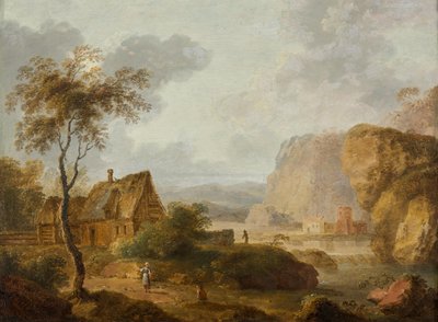 Nehir ve çiftlik ile dağ manzarası by Christian Hilfgott Brand