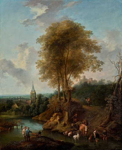 Üç ağaç ve bir kilise ile manzara by Christian Hilfgott Brand