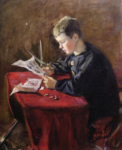 Çocuk Noel süslerini kesiyor by Christian Krohg