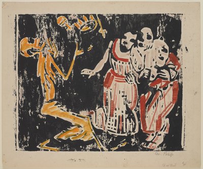 Death as Hokkabaz (Devrim) (Tod als Jongleur [Devrim]), 1918-19 (ağır dokuma kağıt üzerine sarı, kırmızı ve siyah renkli ahşap baskı) by Christian Rohlfs