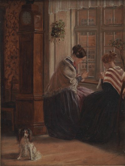 İki bayan pencere kenarında oturup dikiyor by Christian Rudolph Vogelsang