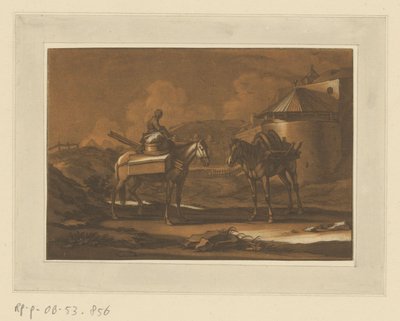 Şehir surlarının dışında bir çocuğun üzerinde oturan iki paketlenmiş at Biniciler, Atlar ve Savaşlar (dizi başlığı) by Christian Rugendas