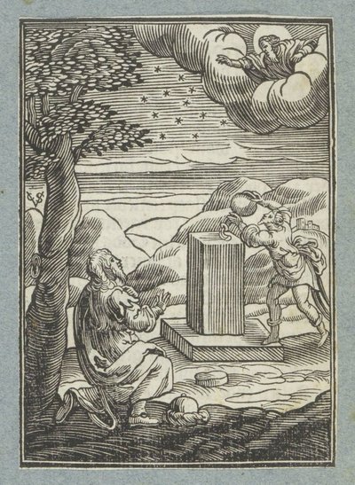 Tanrı'nın İbrahim ile yaptığı antlaşma; Yakup üzerinde uyuduğu taşı mesheder. by Christoffel van Sichem (II)
