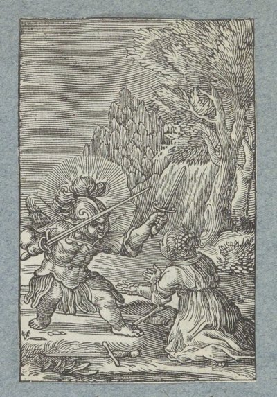 Çocuk şövalye Pia Desideria gibi giyinmiş meleğe teslim oluyor (dizi başlığı) by Christoffel van Sichem (II)