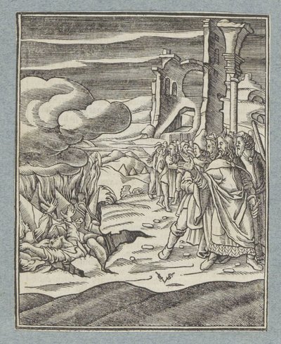 Korah, Datan, Abiram ve aileleri yeryüzü tarafından yutuldu by Christoffel van Sichem (II)