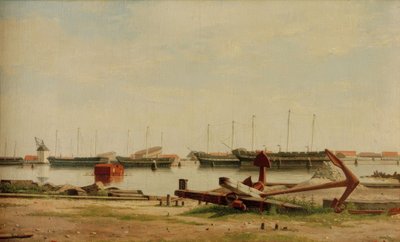 Vinç ve savaş gemileri ile Nyholm görünümü by Christoffer Wilhelm Eckersberg