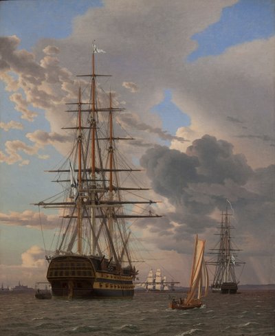 "Asow" Hattının Rus Gemisi ve Elsinore Yollarında Demirde Bir Fırkateyn by Christoffer Wilhelm Eckersberg