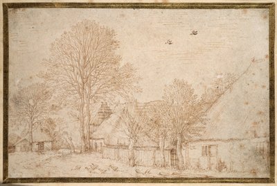 Sazdan binalar, neredeyse çıplak ağaçlar ve bir kaz sürüsü (kağıt üzerinde kalem ve mürekkep) by Kosma Sergejewitsch Petrow Wodkin