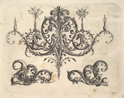 Yanan mumlar ve arabesklerle süslü, bazıları fantastik atla biten fantastik bir avize..., 1610. by Christoph Jamnitzer