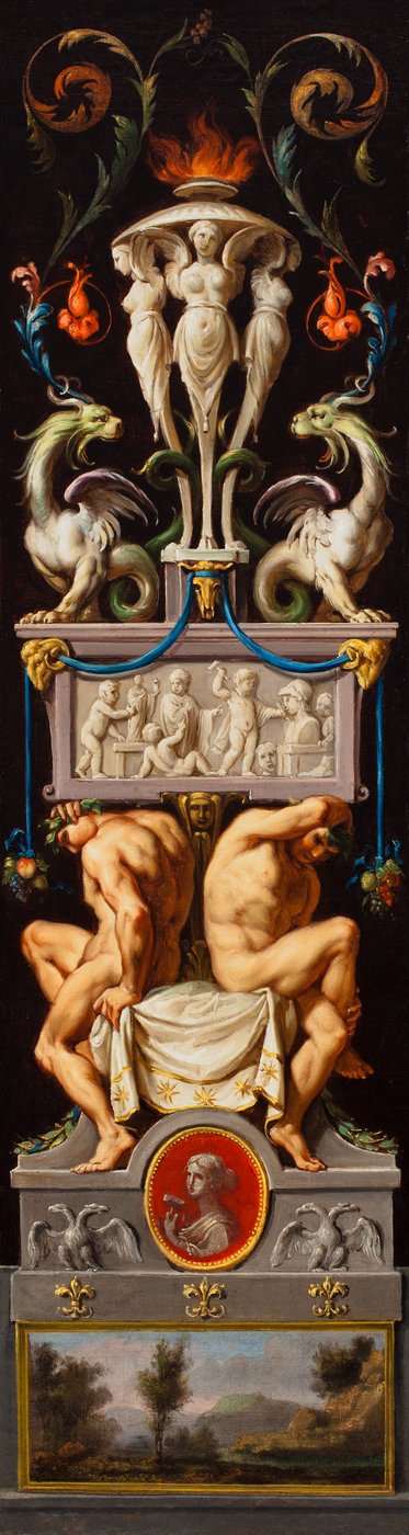 Ignudi ve Grotesklerle Bir Kompozisyon ve Heykel Alegorisi Çalışması, c.1776 (tuval üzerine yağlıboya) by Christoph Unterberger