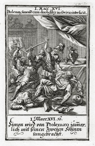 Simon ve iki oğlu Batlamyus tarafından öldürülür.1 Makkabiler 14:16, 1695 by Christoph Weigel