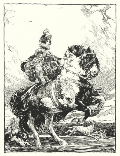 Tudor kostümlü kadın at sırtında avlanıyor (taş) by Christopher (after) Clark