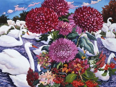 Kuğular ve Krizantemler, 2005 (kağıt üzerine suluboya) by Christopher Ryland