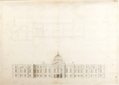 Hampton Court Palace, 5 ve 6 numaralı muhtemelen 2. şema için bir giriş cephesi için kısmi plan ve eskiz cephesi by Christopher Wren
