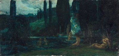 Güney manzarasında akşamları banyo yapan kadınlar by Circle of Arnold Böcklin