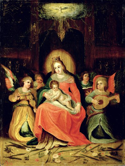 Çocuklu Meryem Ana ve Müzik Çalan Melekler by Circle of Frans Francken the Younger