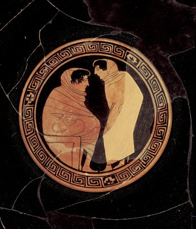 Erkek figürler arasındaki bir konuşmayı betimleyen tavan arası kırmızı figürlü kyliks, MÖ 450 dolayları (kil) (detay) by Circle of the Penthesilia Painter attr. to Circle of the Penthesilia Painter attr. to