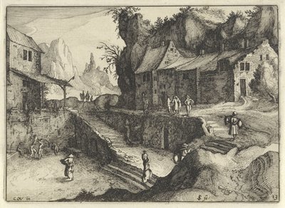 Evleri ve merdivenleri olan dağ köyü Hollanda manzaraları (dizi başlığı) Amaeniores Aliquot Regiunculae (nesne üzerinde dizi başlığı) by Claes Jansz. Visscher (II)