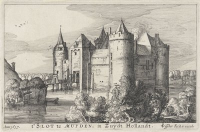 Muyden'deki Muiderslot t' Yuvasının görünümü, Zuijdt Hollandt (nesne üzerindeki başlık) Hollanda ve Utrecht'teki kaleler (dizi başlığı) by Claes Jansz. Visscher (II)
