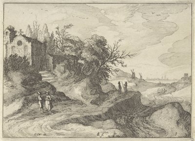 Dolambaçlı bir köy yolunda şapel Hollanda manzaraları (dizi başlığı) Amaeniores Aliquot Regiunculae (nesne üzerinde dizi başlığı) by Claes Jansz. Visscher (II)